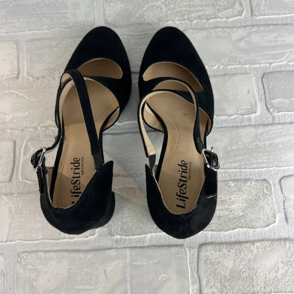 LifeStride Heels Pumps Womens 8.5‎ Tracy Black Suede Strappy Block Heel Classy